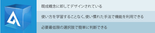 ・既成概念に即してデザインされている・使い方を学習することなく、使い慣れた手法で機能を利用できる・必要最低限の選択肢で簡単に判断できる